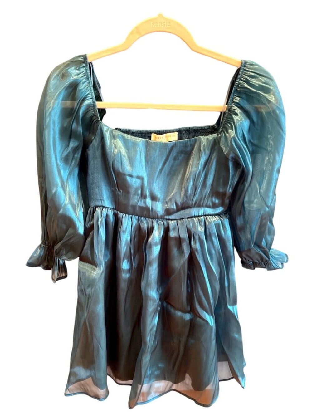 Thirty Thirty LA Turquoise Babydoll Mini Dress Puff Sleeve Sheer Sz S Fairycore